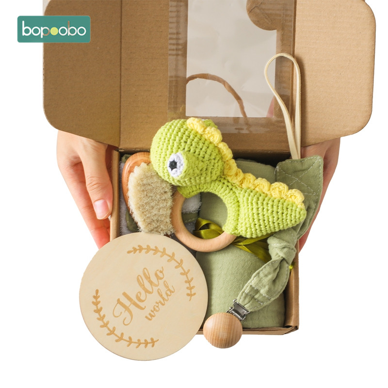 1 Juego de regalo de Navidad para bebé, juguete de baño de ganchillo, sonajeros de dinosaurio, juguete, tarjeta de hitos, cosas para niños pequeños, toalla, manta de algodón, cepillo