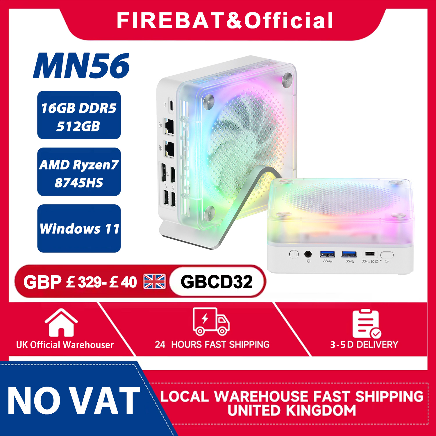 FIREBAT MN56 Mini PC AMD Ryzen 7 8745HS 16GB DDR5 512GB SSD Dual 2.5G LAN USB4 Windows 11 Home Server AI Ready Compact Desktop