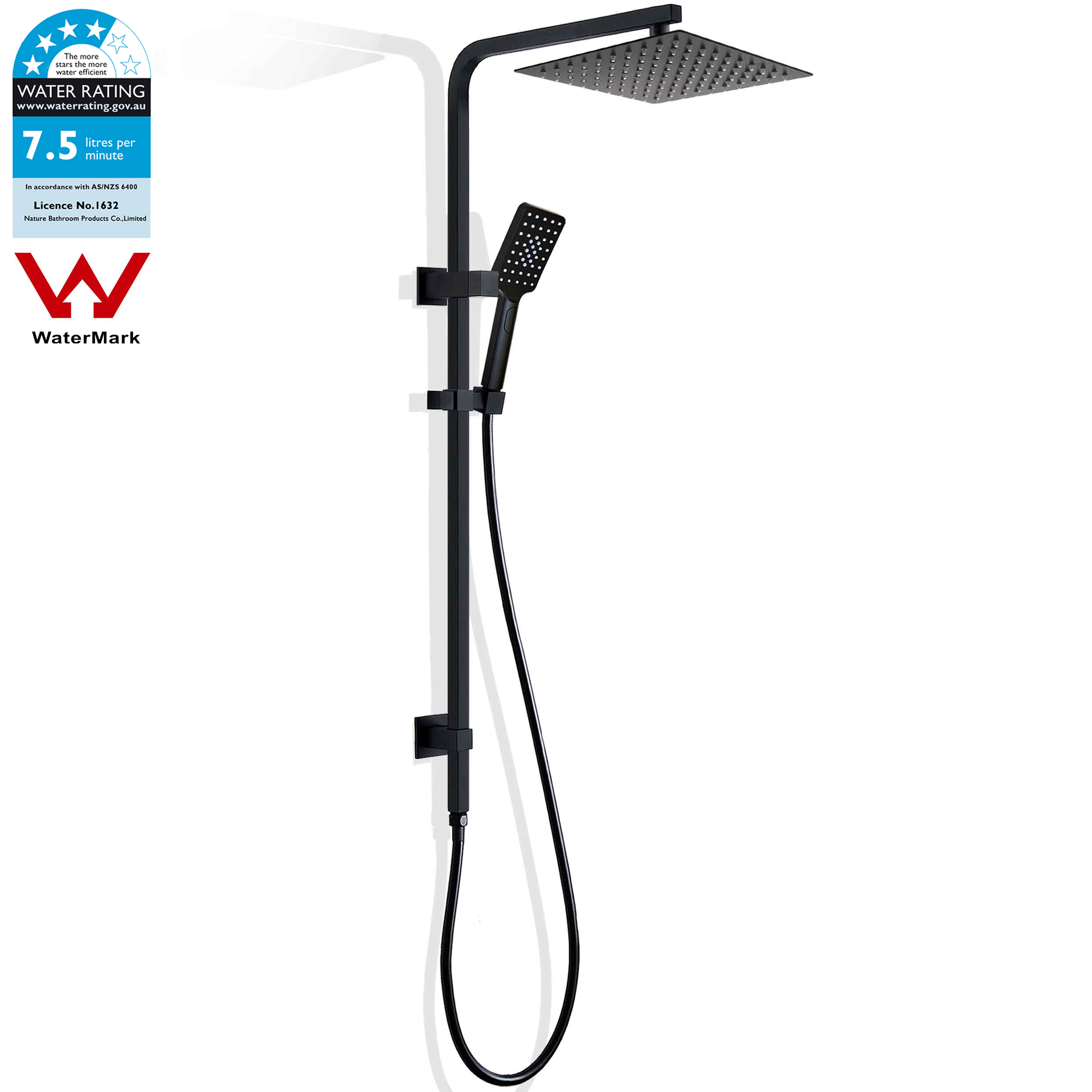 **Sydney Stock** KYLINS สีดํา 8/10/12/16 ''หัวฝักบัวเรนชาวเวอร์สี่เหลี่ยมมือถือรางเลื่อน 2 In 1 Wall Arm Diverter ชุด WELS
