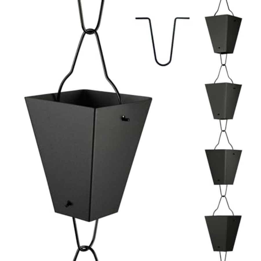 Chaîne de pluie TE DEUM à maillons carrés, longueur de 8,5 pieds, grande coupelle de 3,7 pouces, revêtement noir en poudre, remplacement fonctionnel et décoratif