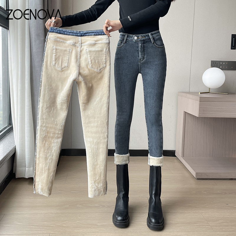 ZOENOVA 2024 hiver épais velours femmes jean taille haute jean Slim Simple polaire chaud mince Stretch décontracté Denim crayon pantalon