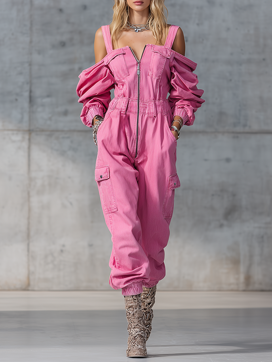 2026 Frühling Vintage Denim Jumpsuit für Damen – Einfarbiger Overall mit Reißverschluss, schulterfrei, hoher Taille, lockere Cargo-Hose, Langarm-Overall