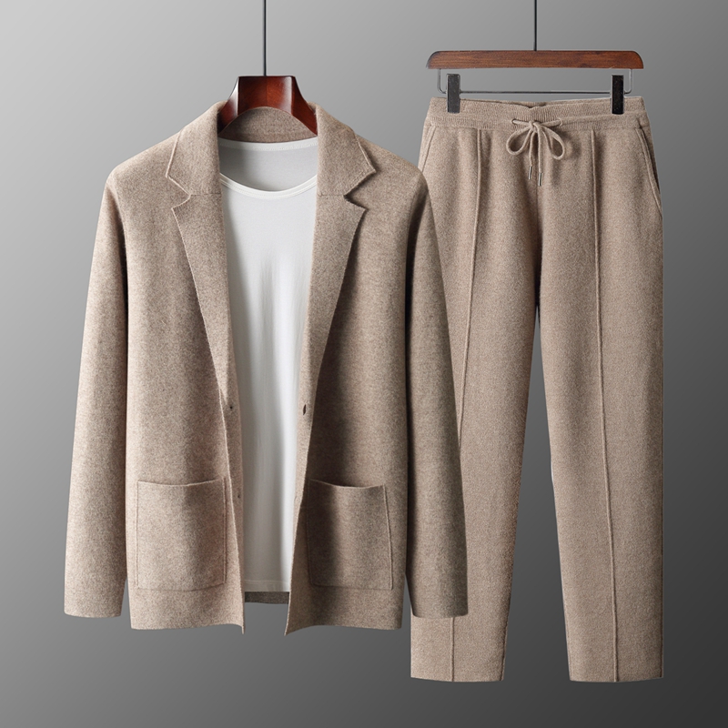 100% maglione di lana merino colletto da uomo cardigan pantaloni set maglieria casual intelligente autunno inverno cappotto solido top pantaloni in maglia