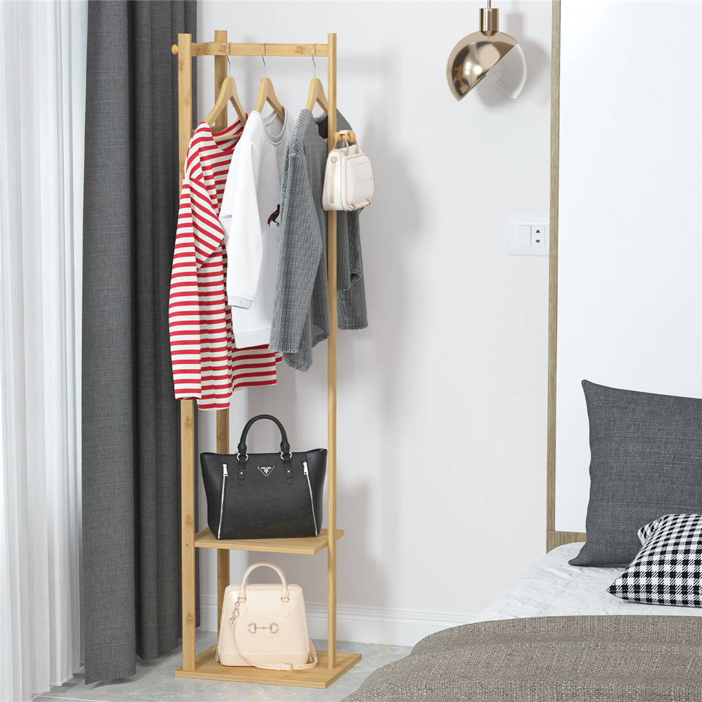 Perchero de bambú para ropa, perchero con estantes de almacenamiento de 2 niveles, perchero de madera para colgar ropa, organizador de guardarropa