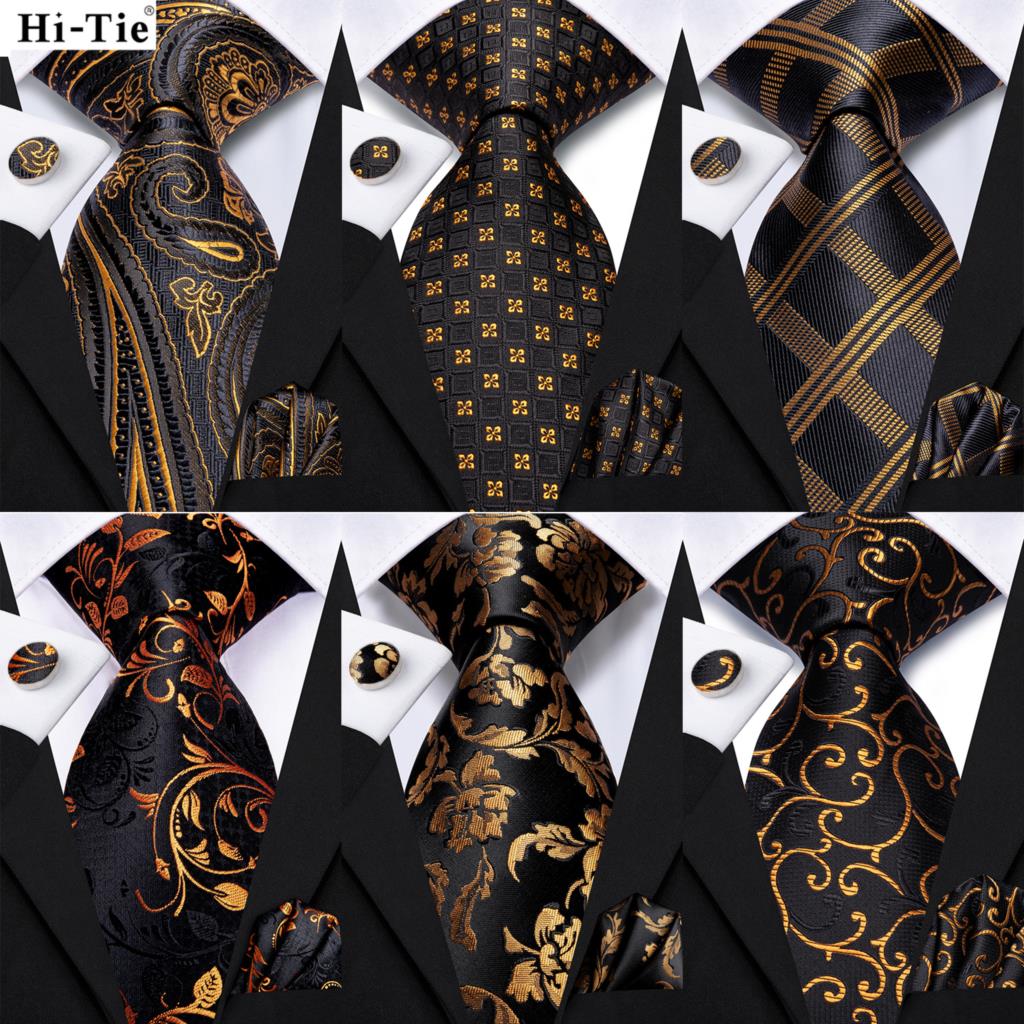 Hi-Tie Psialey Zwart Goud Zijden Elegante Stropdas Voor Mannen Bruidegom Bruiloft Mannen Stropdas Zak Vierkante Manchetknoop Accessoire Groothandel Ontwerper