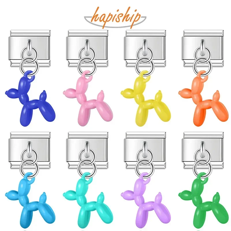 Hapiship 2023 Neue Mode Süße Farbe Ballon Hund Charm Links Fit 9mm Edelstahl Armband, Die DIY Schmuck DJ594