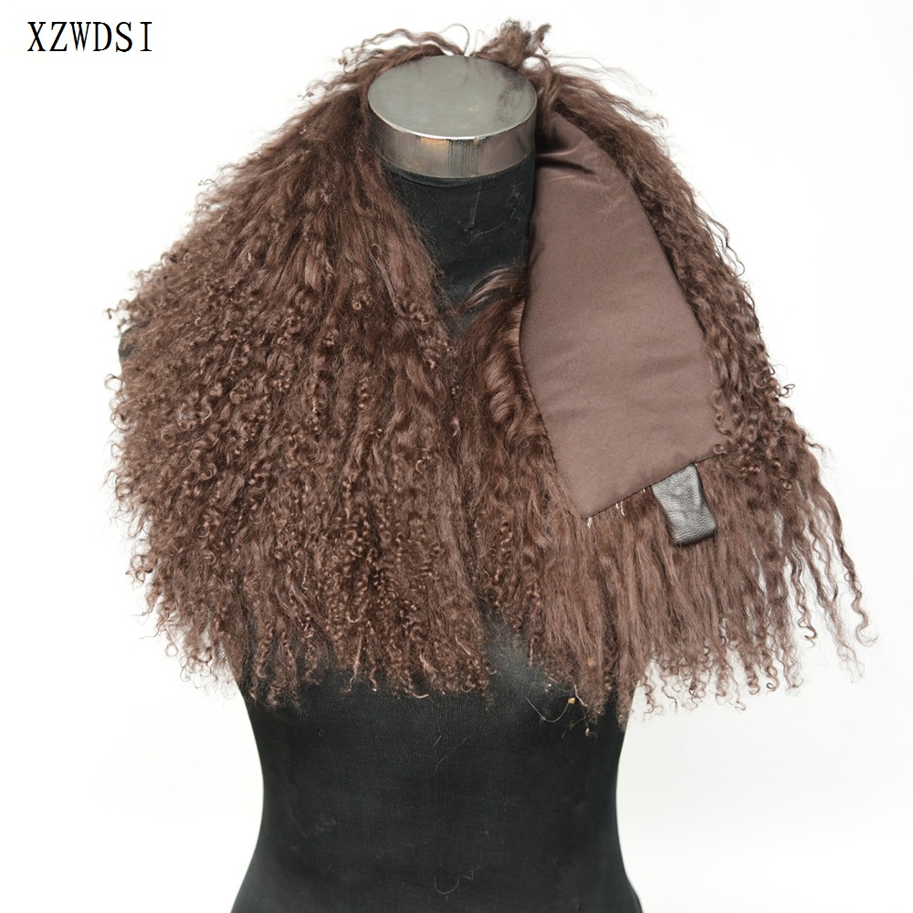 Curly Genuine Mongolian Lamb Fur Scarf Collar with Magnetic Buckle for Women Accessory