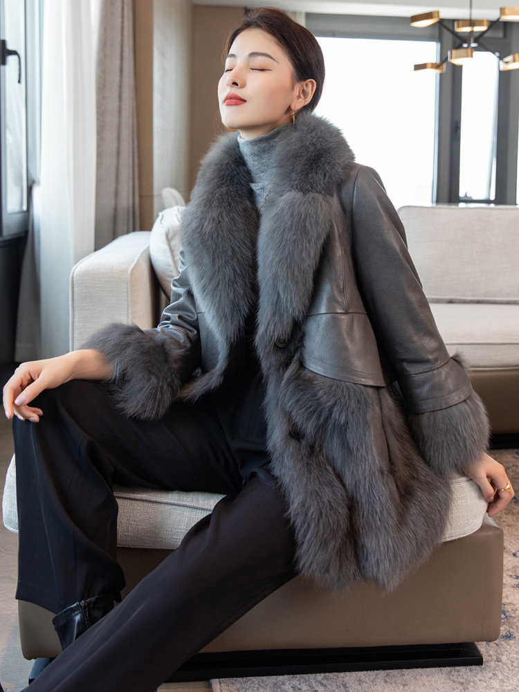Abrigo de piel de zorro Natural para mujer, chaqueta de piel de oveja auténtica, abrigo de invierno para mujer 2023