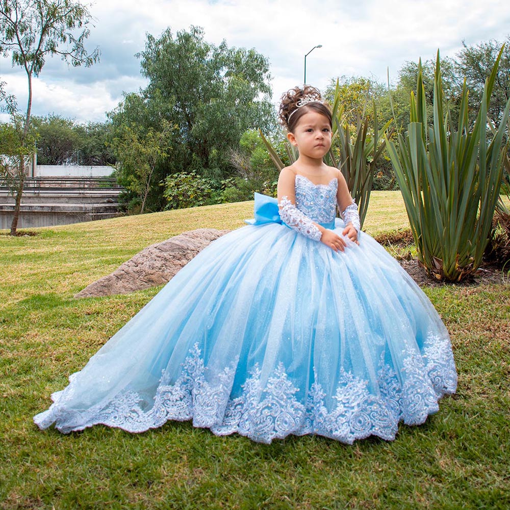 Abiti da ragazza di fiori a maniche lunghe per matrimoni per bambini Abito da ballo con fiocco in raso Abito da spettacolo Abiti da festa scintillanti per la prima comunione
