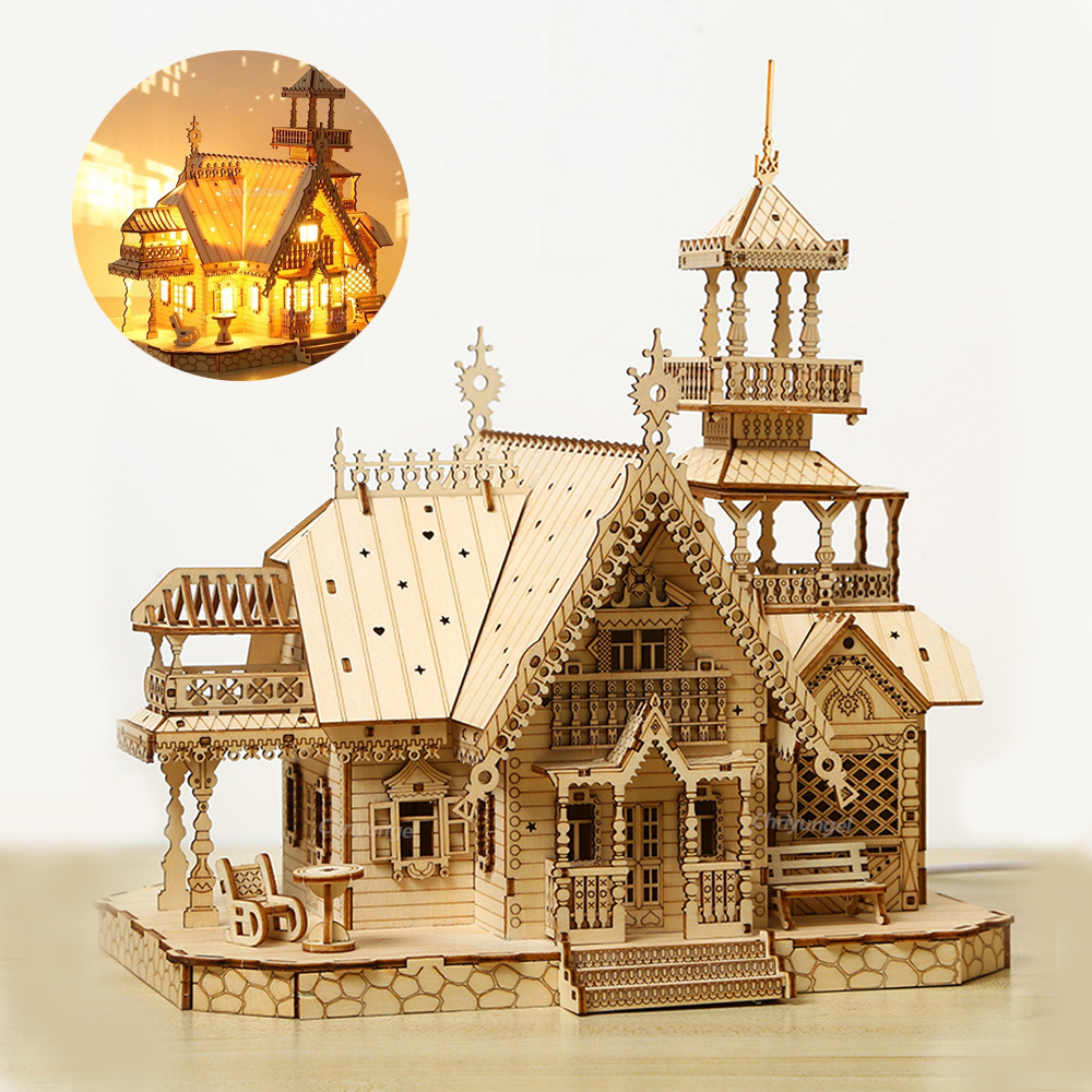 DIY Villa 3D ไม้ชุด Light ปราสาทปริศนาประกอบของเล่นเด็กผู้ใหญ่ DIY ชุดตกแต่งโต๊ะสําหรับของขวัญ
