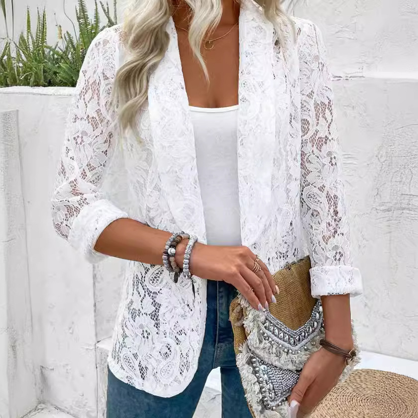 Zomer wit kant uitgehold damesjas effen open steek blazers outdoor zakelijke jassen lichtgewicht kantoor damesjassen