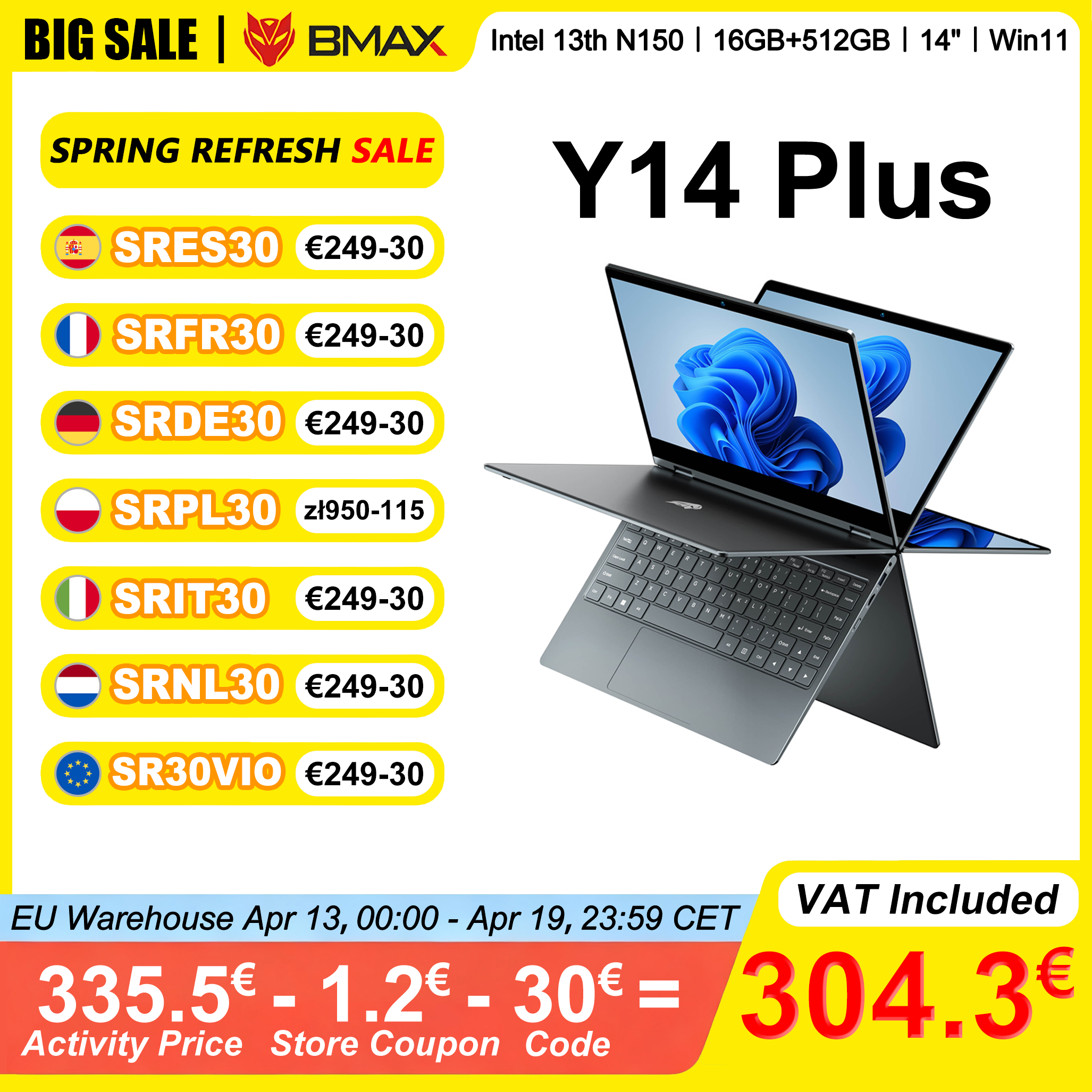 Laptop BMAX Y14 Plus com tela sensível ao toque de 14 polegadas Intel N150 16GB RAM 512GB SSD 360 ° Notebook IPS conversível 1920*1080 Windows 11