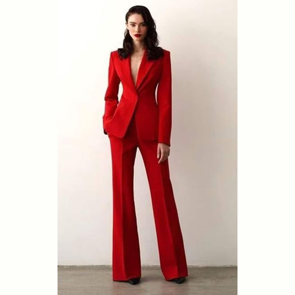 Luxus Roten Anzug Frauen Einreiher Kerbe Revers 2-teilige Jacke Hosen Blazer Set Formale Büro Dame Slim Fit Weibliche Kleidung