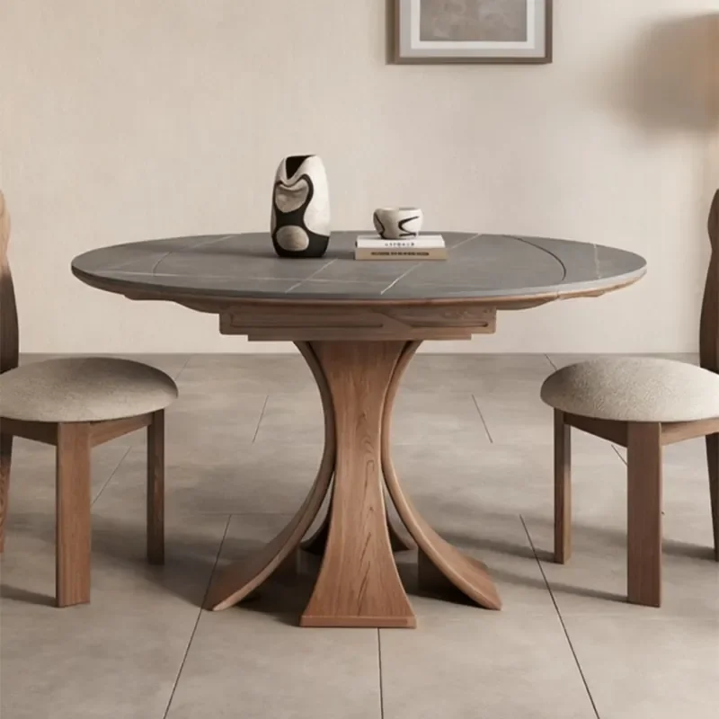 Modern Solid Wood Round Extendable Dining Table with Eco-Friendly Handmade Design and 6 Seats for Hotel or Living Room