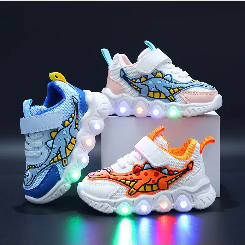 Sapato de tênis led crianças treinador dos desenhos animados menino casual tênis para menino criança sapato para menina malha respirável sapato bebê iluminado sapato