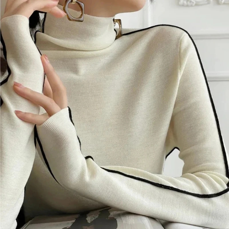 Swetry damskie golf w paski ciepły sweter z dzianiny wiosenną jesień Y2K eleganckie koreańskie biurowe damskie proste bluzy