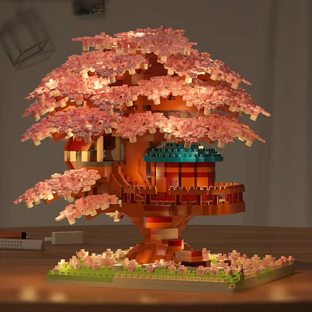 Zestaw klocków DIY Drzewko Sakura, klocki DIY Kwiat Wiśni z oświetleniem, model domek na drzewie, romantyczny prezent dla dziewczyny