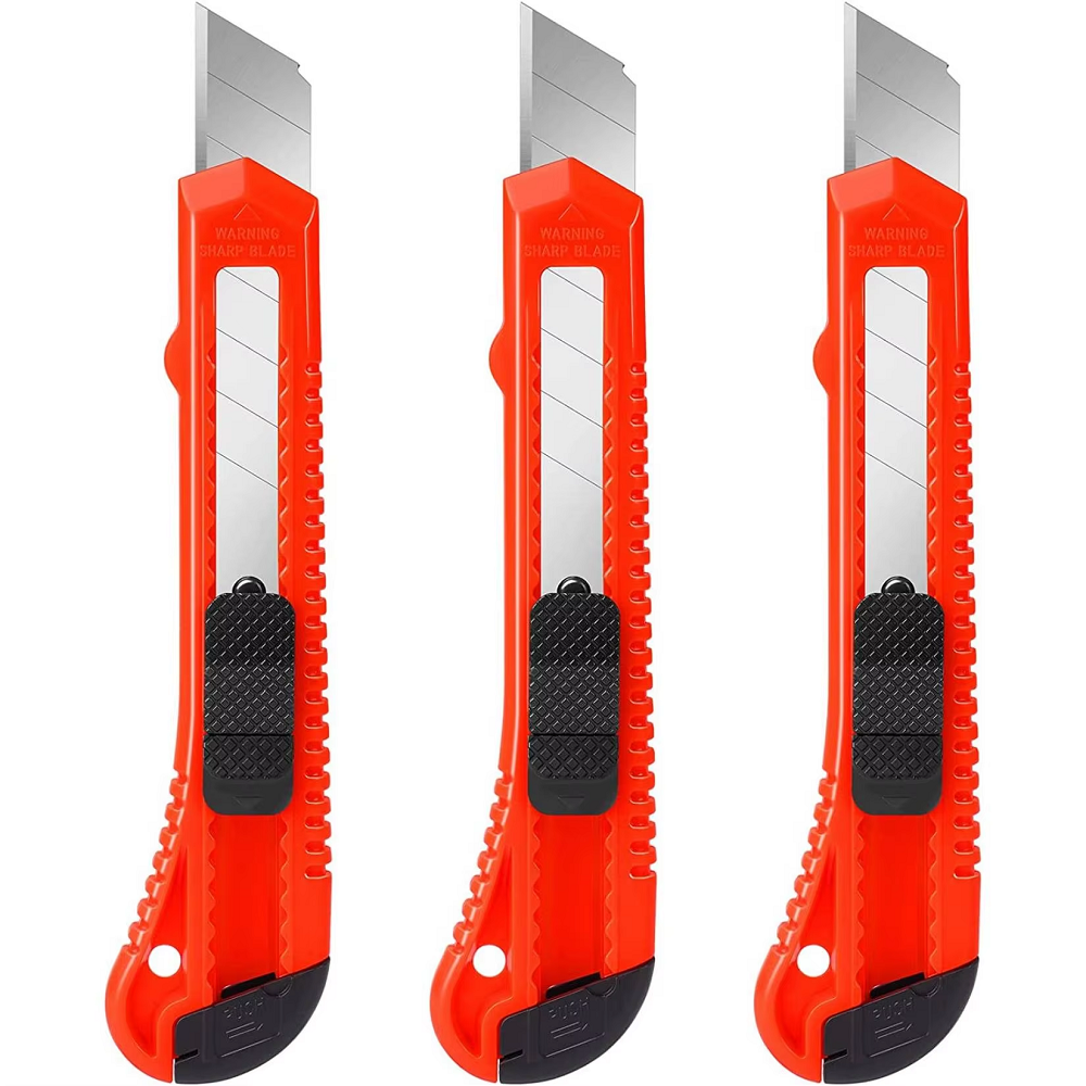 3er-Pack Universalmesser, Einziehbares Kompaktes Kartonmesser für Kartons, Pappe und Schachteln, mit 10 Stück 18mm Breiteren Klingen
