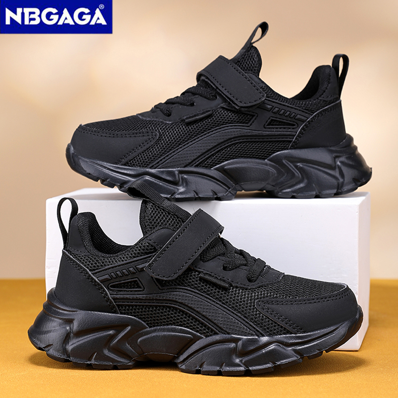 Tênis leves pretos infantis, malha respirável, meninos, escola, casual, sapatos de caminhada, antiderrapante, esporte, corrida, crianças, menina