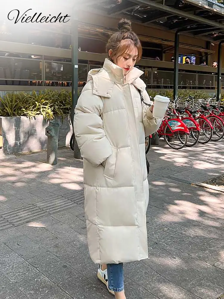 Vielleicht 2025 韓国ジャケット女性の冬 X ロングパーカー固体フード付き厚く暖かい女性の雪着用コートパッド入り緩い服