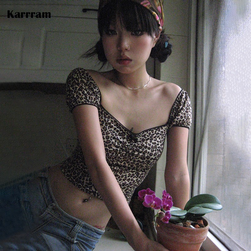 Karrram Japanese Y2k Leopard Print Tops Vintage Harajuku Short Sleeve Crop Top Trashy 2000s V-neck Lace T-shirt Coquette Korean