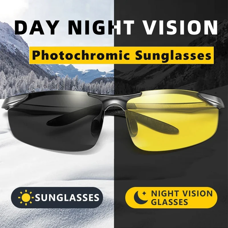 CLLOIO อลูมิเนียม Rimless Photochromic Day Night Vision Anti-Glare แว่นตาผู้ชายแว่นตากันแดดโพลาไรซ์ขับรถแว่นตาตกปลา