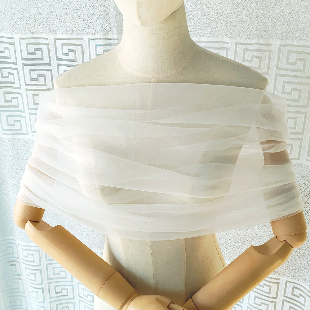 여성 Pleated Tulle Sheer Wrap 웨딩 신부 오프 숄더 스톨 우아한 공식 목도리 버튼 아이보리 Customizabl