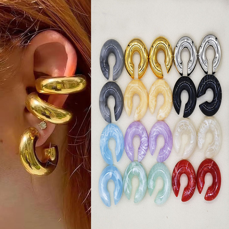 Anting-anting klip telinga bulat lingkaran warna-warni halus untuk wanita sederhana bentuk C Resin tanpa tindik tulang rawan palsu perhiasan manset telinga