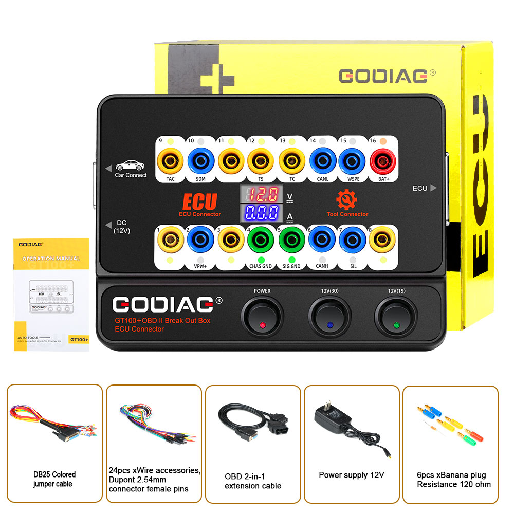 Godiag GT100 i GT100 Pro OBDII Breakout Box ECU Bench Connector z wyświetlaczem elektronicznym prądu i protokołem CANBUS