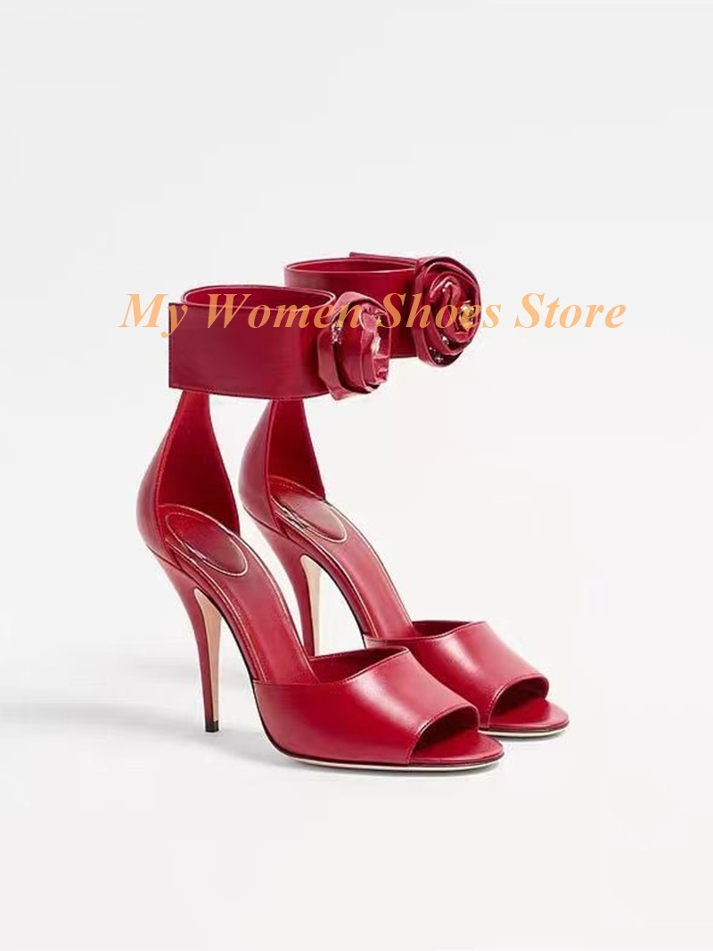 Flower Decor Crystal Open Toe Sandals Thin High Heel Red Black White Matte Leather Runway 2026 Summer Women Dress Shoes Cover