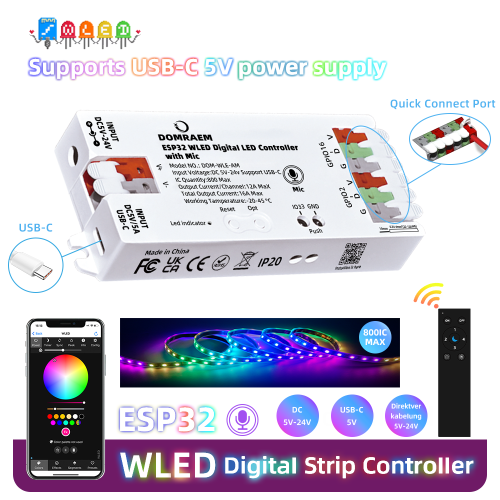 DOMRAEM ESP32 WLED WiFi ตัวควบคุมแถบไฟ LED ดิจิตอลพร้อมไมโครโฟน USB-C รองรับ WS2811 /2812B /2805 RGB IC ทำงานร่วมกับ HA MQTT Alexa