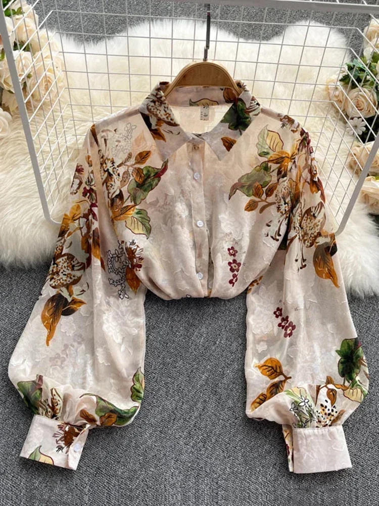 春秋の気質ファッションレトロシフォン花柄ブラウスプリントルーズラペルパフスリーブトップボタンアップシャツ女性 GD611