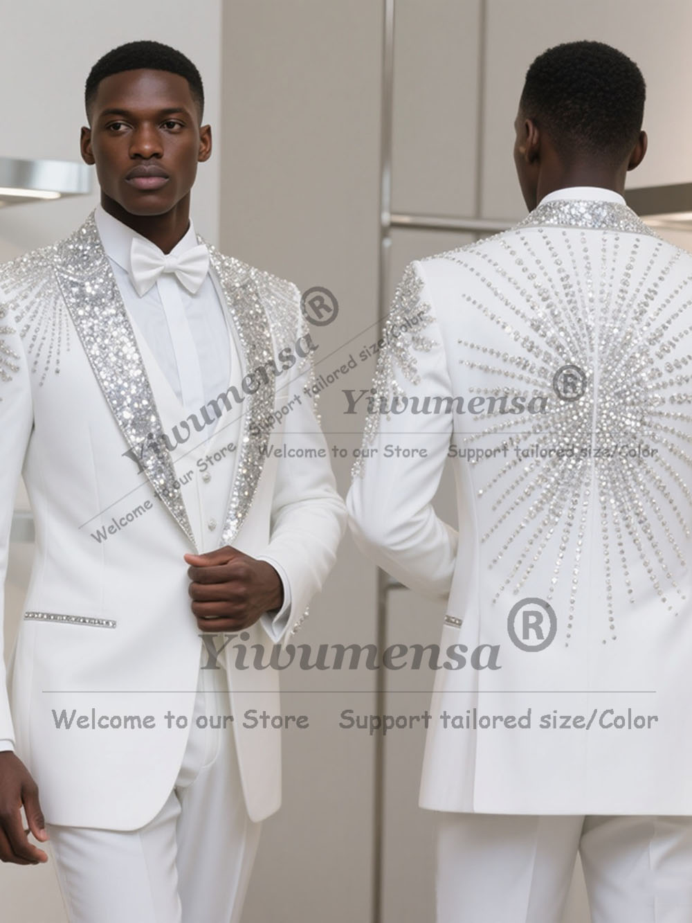 Ternos de Luxo Masculinos para Noivado com Brilho, Strass e Miçangas, Blazers de Baile Personalizados, Conjuntos de 3 Peças, Smokings de Noivo, Trajes Slim Fit