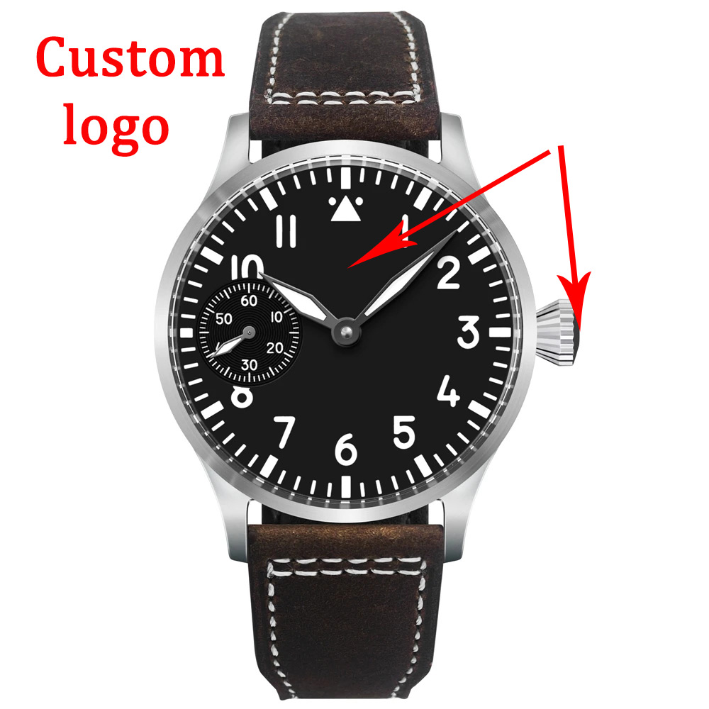 Logotipo personalizado 42mm relógio masculino de vidro safira st3600 mão enrolamento movt esporte couro luminoso reloj estéril mostrador à prova dwaterproof água reloj