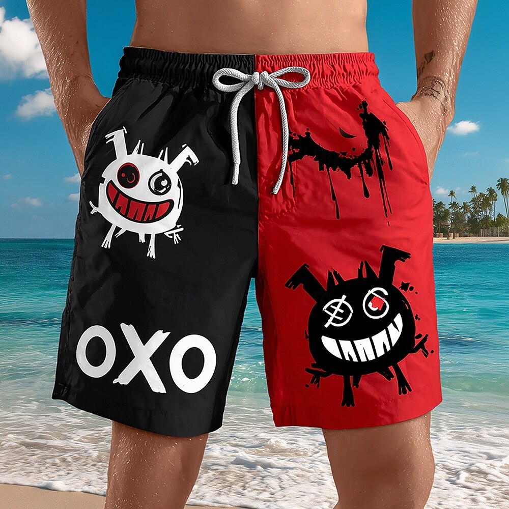 Shorts Casuais Masculinos com Estampa de Rosto Sorridente em Cores Variadas, Cintura Média, Retro, com Cordão e Bolsos Laterais para Uso ao Ar Livre no Verão