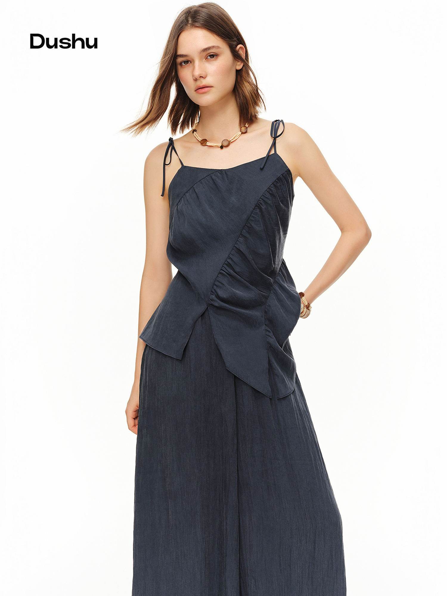 DUSHU 2026 Sommer Damen Gerafftes Camisole-Set mit Hose, Zweiteiliges Set mit Kordelzug, Entspannte Passform, Lounge-Kombination, Strand- und Freizeitstil
