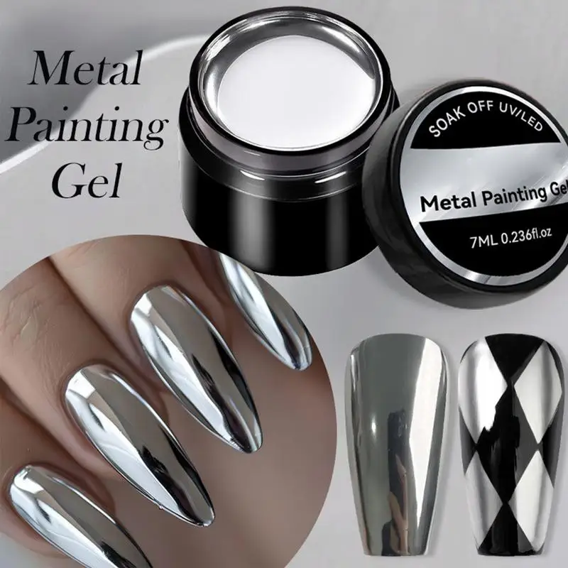 โลหะเล็บ 7ml โลหะเงินเล็บ High Glossy สะท้อนแสงสี 3D โลหะเล็บเจลสําหรับอุปกรณ์แต่งเล็บ