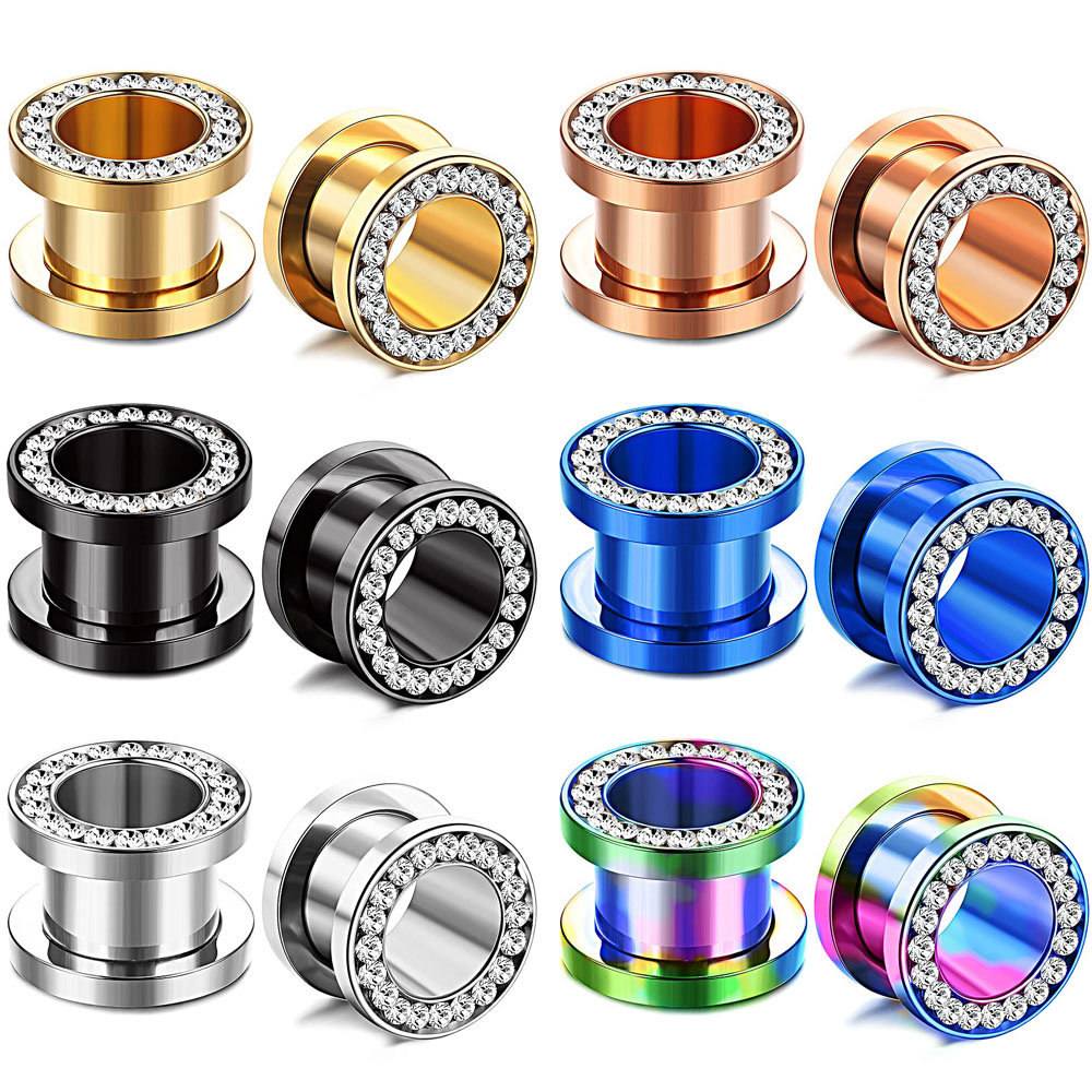 2PCS หูอุโมงค์ Expander ต่างหูสแตนเลส Zircon ปลั๊ก Stretcher เจาะเครื่องประดับ Double Flared Screw Fit เครื่องวัด