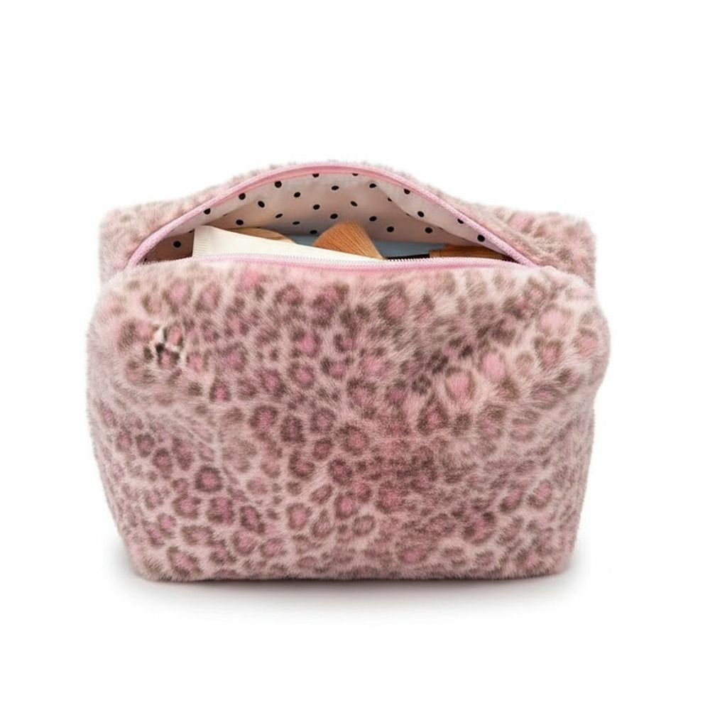 Bolsa de maquillaje peluda duradera, organizador de artículos de tocador con estampado de leopardo de gran capacidad, bolsa de cosméticos portátil, bolsa de almacenamiento de viaje para niñas