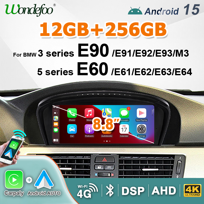 Écran autoradio Android 15 pour BMW E60 E61 E63 E64 E90 E91 Série 3/5 Carplay Android Auto Lecteur multimédia stéréo GPS 4G LTE