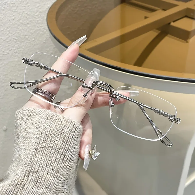 Eleganckie damskie prostokątne okulary bez oprawek z niebieską oprawką blokującą światło
