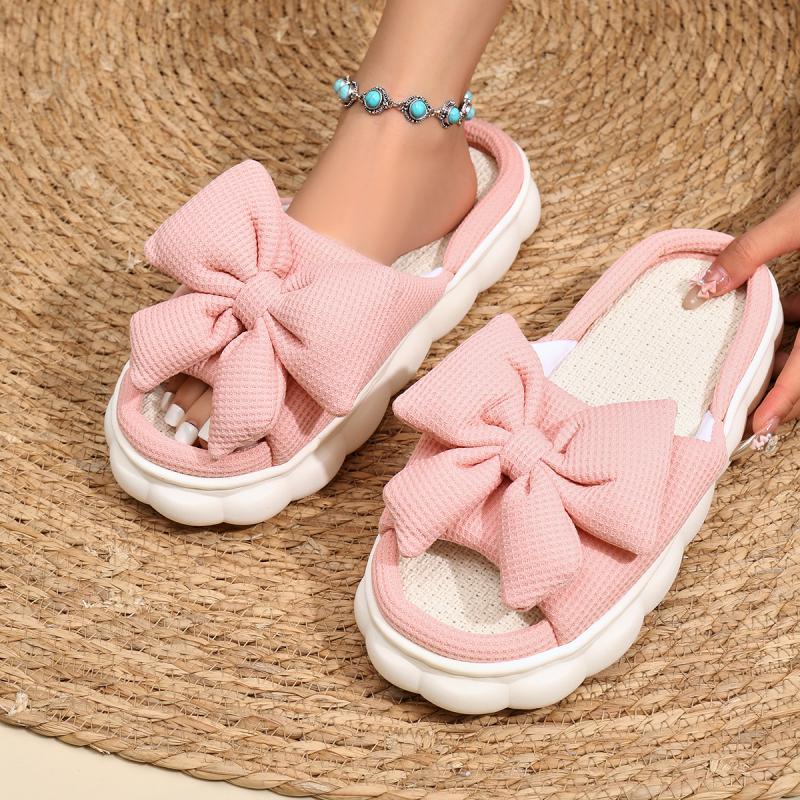 Linnen Casual Platform Slippers Vrouwen Thuis Strik Luxe Designer Vrouw Schoenen Flats Elegante Mode Schoeisel Mooie Grote Maat