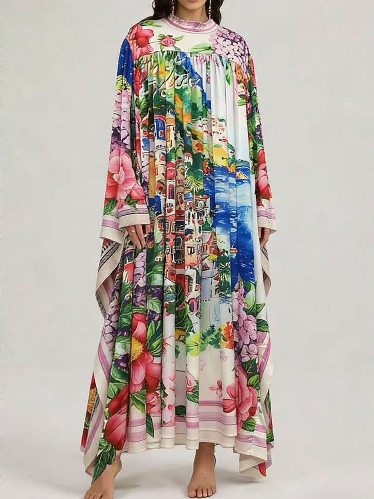 Im Frühjahr 2026 gibt es für Damen ein neues, modisches und schmales Kleid mit Stehkragen, Fledermausärmeln und lockerem Print, das auch als festliches Kleid geeignet ist.
