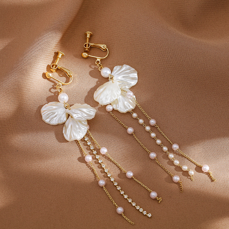 Pendientes de perlas largas sin agujero para mujer, aretes de Clip, borla de concha de perla de imitación, pendientes largos de Clip en orejas perforadas, temperamento de moda