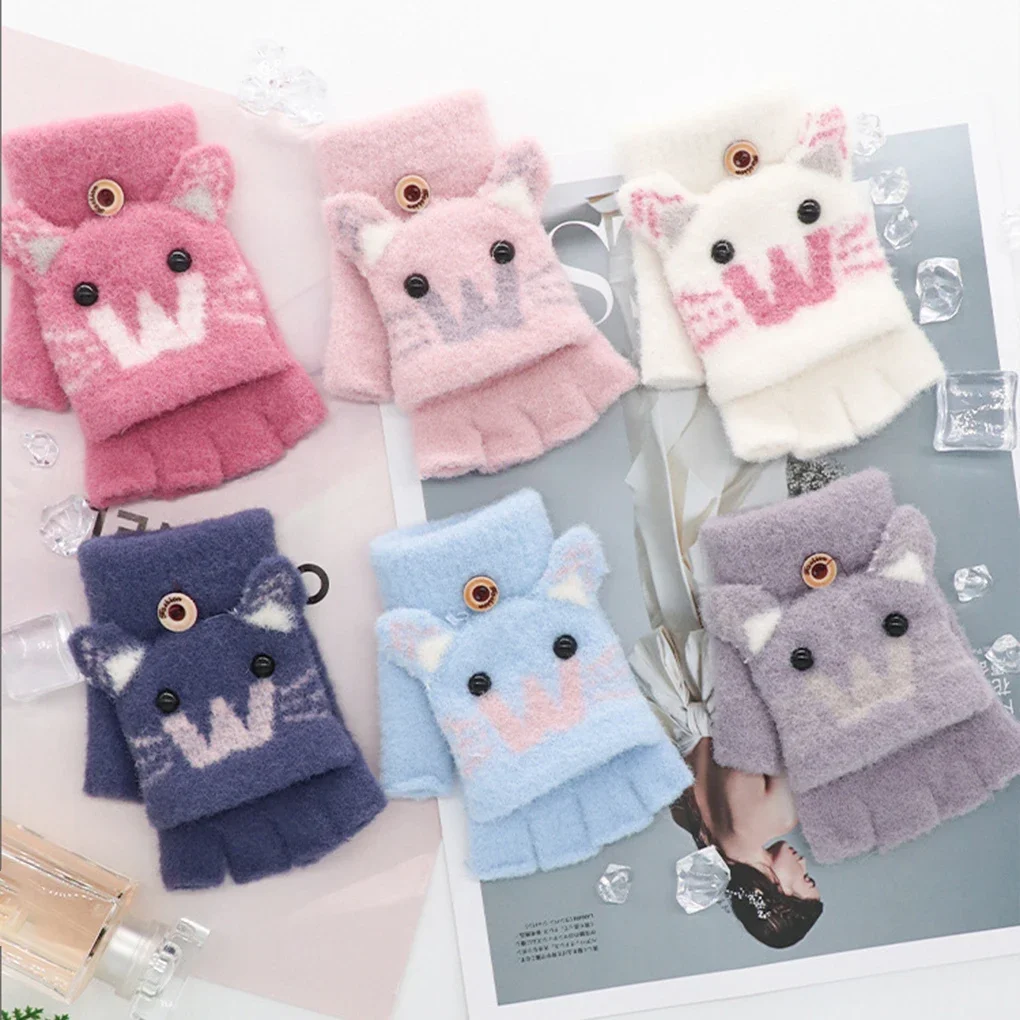 Guantes de punto de piel sintética para niños, guante de dibujos animados, medio dedo, cubierta abatible, mitones al aire libre, lindo, cálido, invierno, niño, niña, 5-12 años