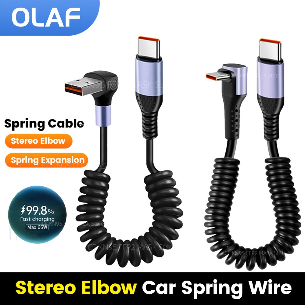 Kabel Pengisi Daya Cepat Tipe C Ke USB C 66W Kabel Data USB A/C Ke Tipe C Pegas Siku 90 Derajat untuk Iphone15 Samsung Xiaomi Huawei