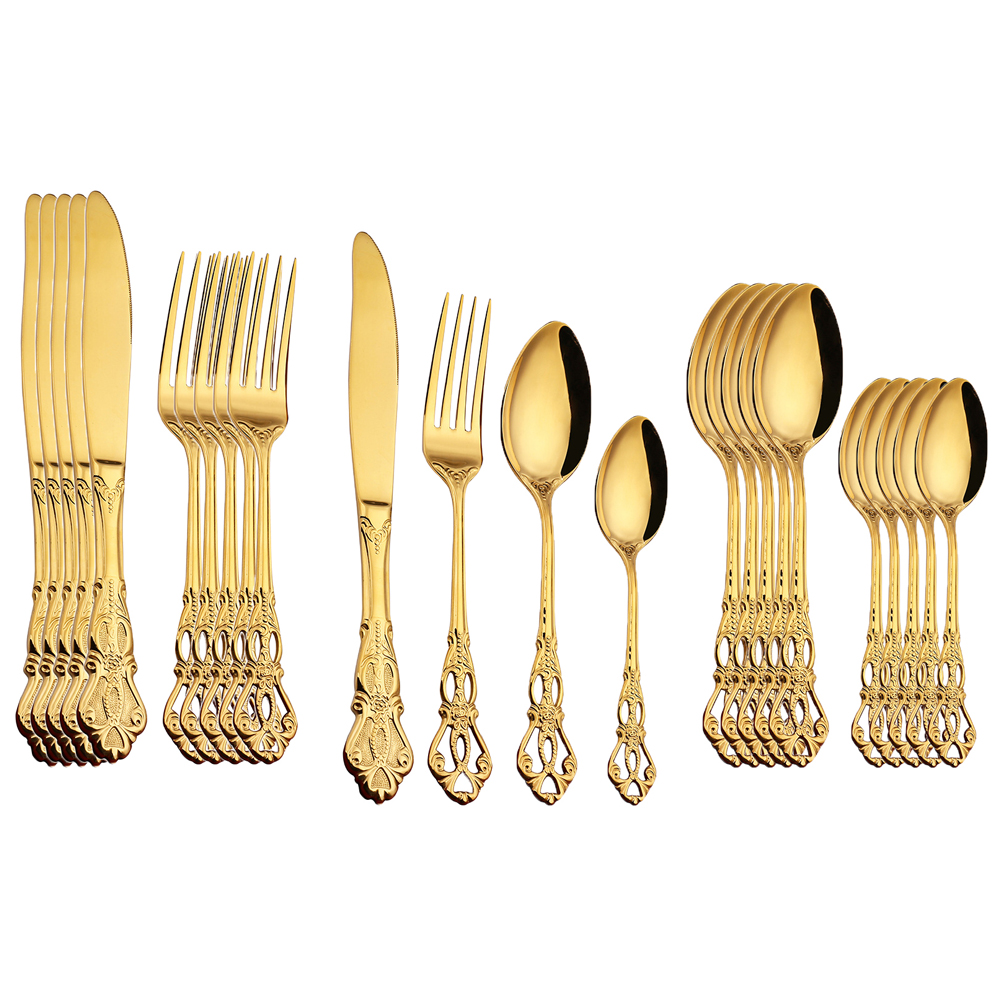 24 couverts dorés de style royal en acier inoxydable, argenterie, cuillères, fourchettes, couteaux, vaisselle pour la cuisine ou un dîner occidental, idée cadeau