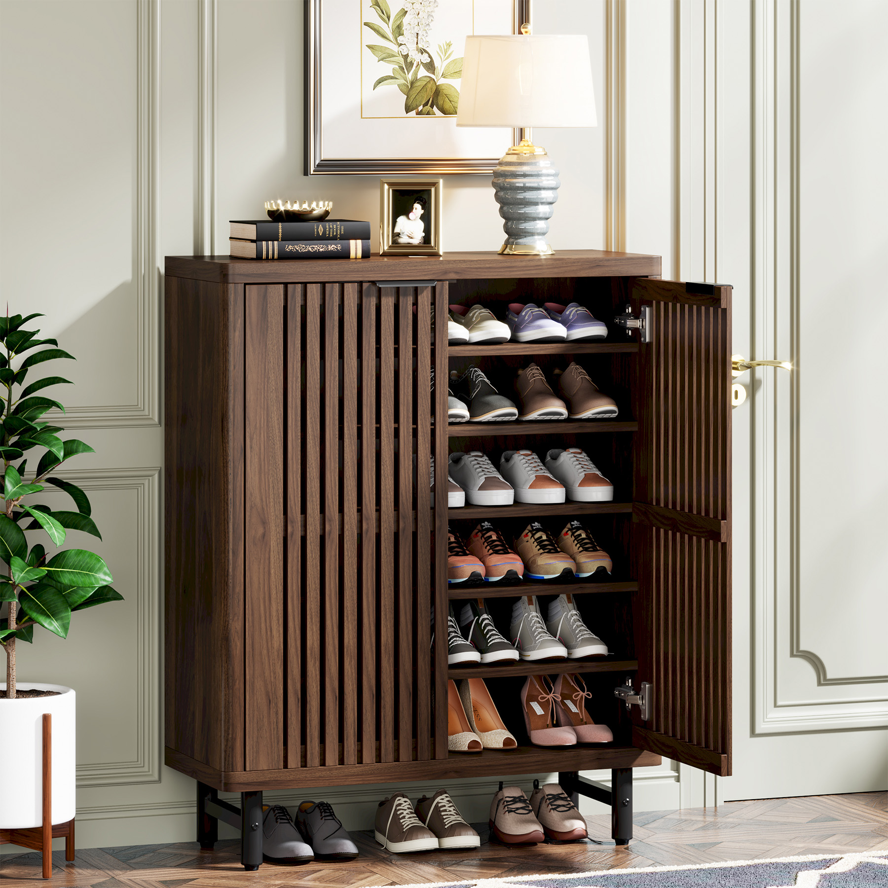 Tribesigns Armoire à chaussures à 6 niveaux avec portes à persiennes, grande armoire de rangement pour chaussures en bois avec étagères réglables