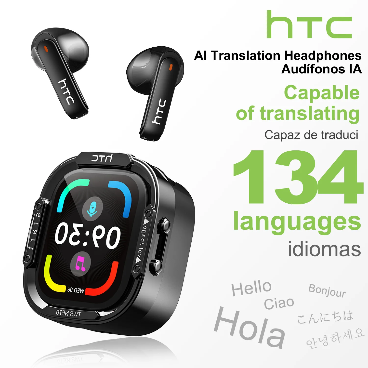 HTC NE70 Bluetooth V6.0 Kopfhörer, intelligente Touchscreen-Funkkopfhörer, AI-Übersetzer-Ohrhörer, Gaming-Ohrhörer, HD-Bass