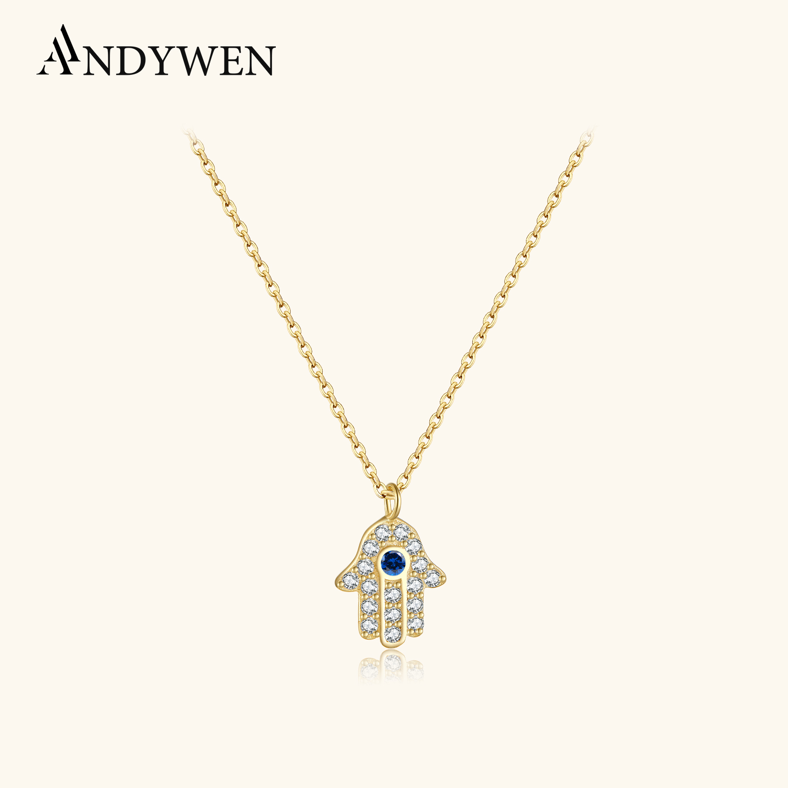 ANDYWEN Collana con ciondolo a mano di Hamsa in argento sterling 925, catena lunga in oro, gioielli di moda, gioielli per feste, lusso, zirconi CZ, matrimonio